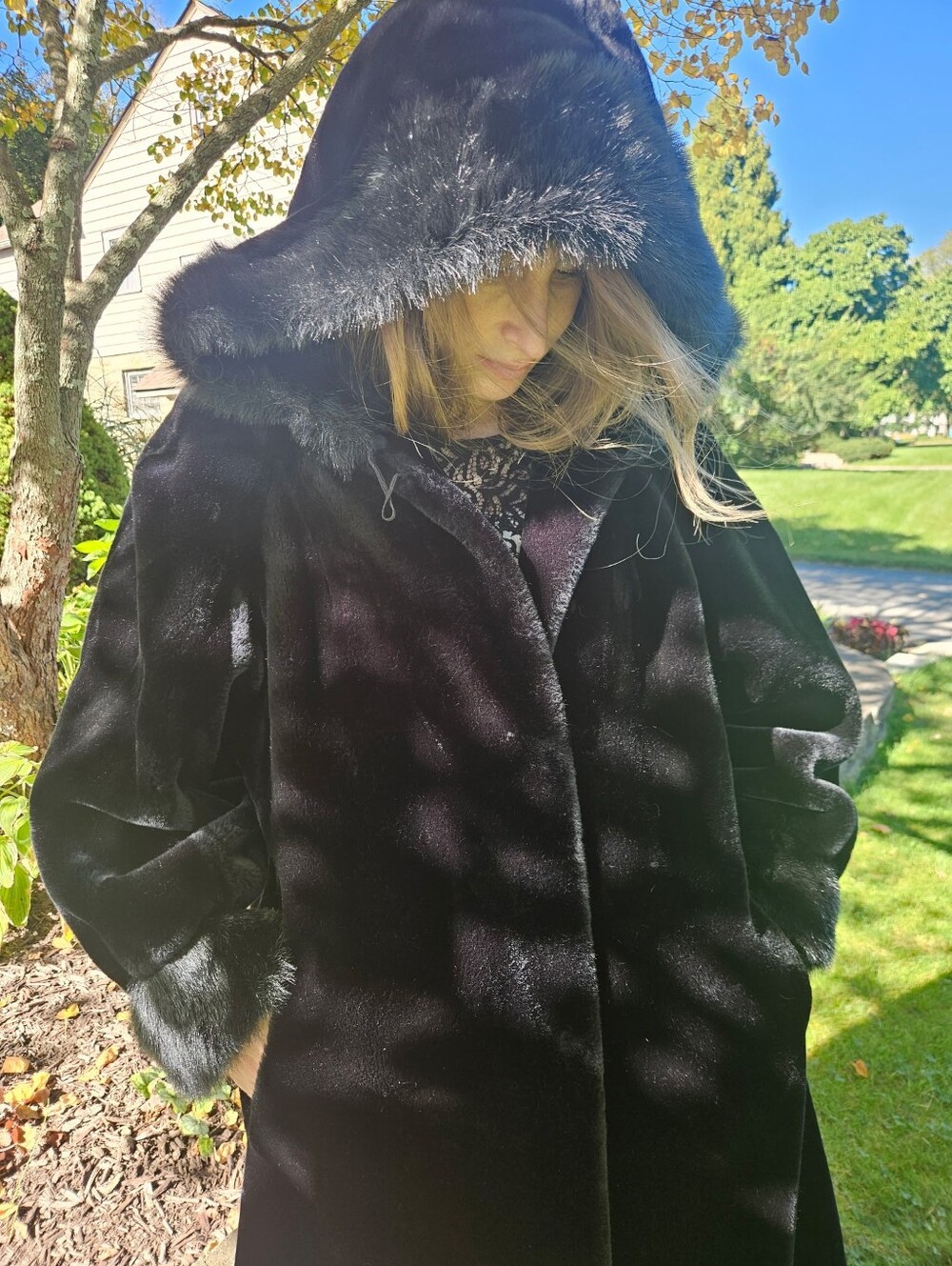 Vintage late 70s early 80s jet black faux fur mid-length swing coat. "Mob Wife"